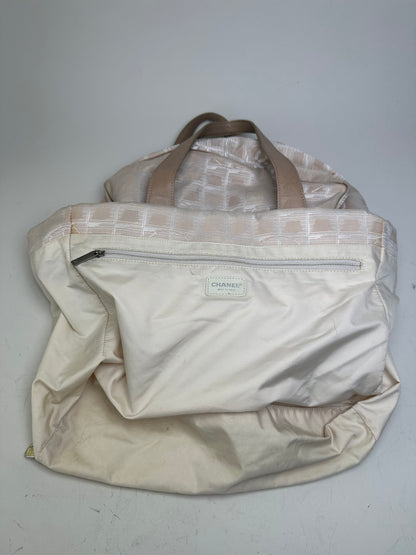Vintage Chanel CC Logo Fabric Tote Cream Beige Silver
