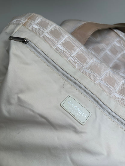 Vintage Chanel CC Logo Fabric Tote Cream Beige Silver
