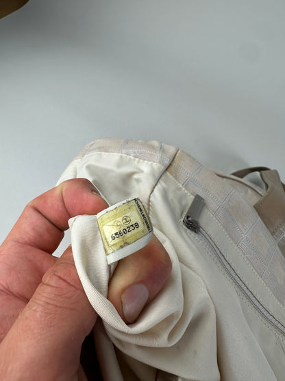 Vintage Chanel CC Logo Fabric Tote Cream Beige Silver