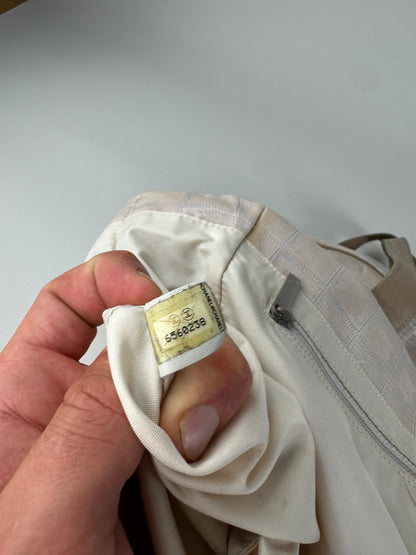 Vintage Chanel CC Logo Fabric Tote Cream Beige Silver