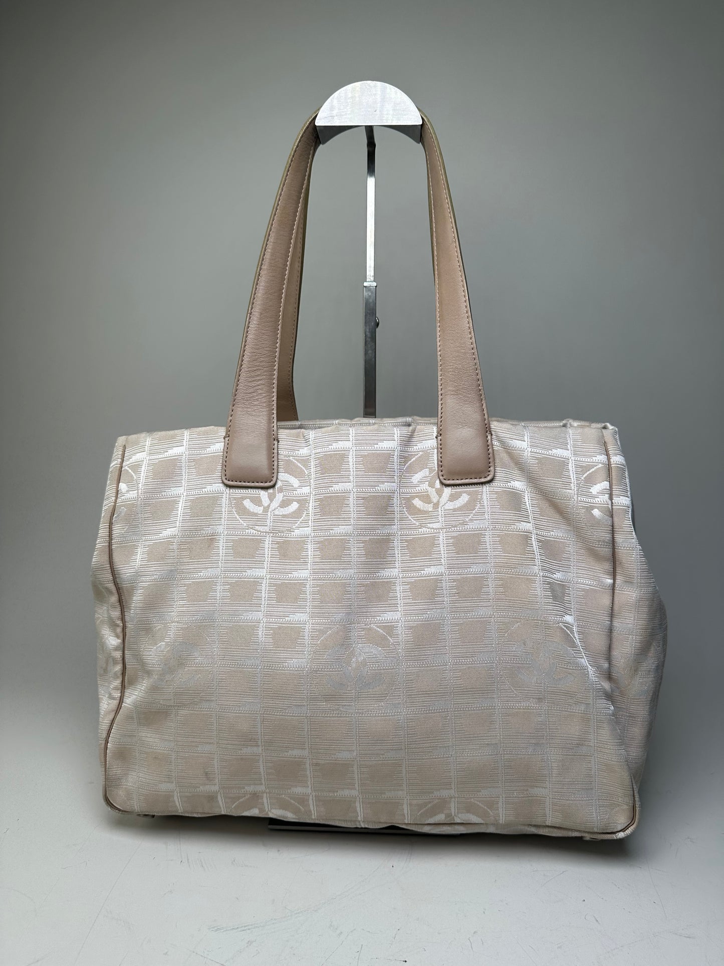 Vintage Chanel CC Logo Fabric Tote Cream Beige Silver