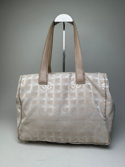 Vintage Chanel CC Logo Fabric Tote Cream Beige Silver