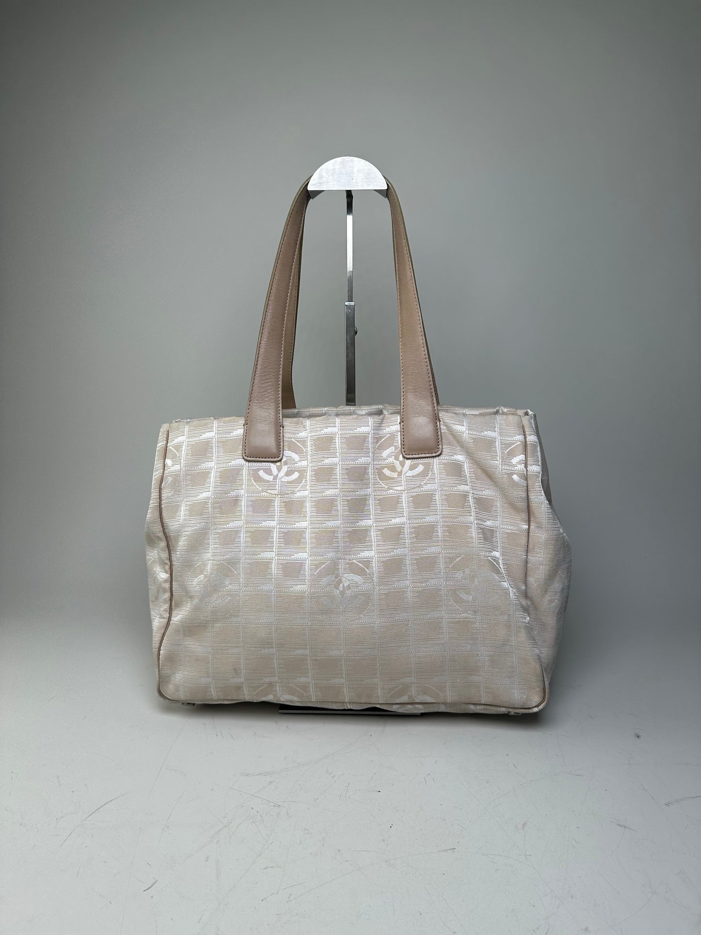 Vintage Chanel CC Logo Fabric Tote Cream Beige Silver