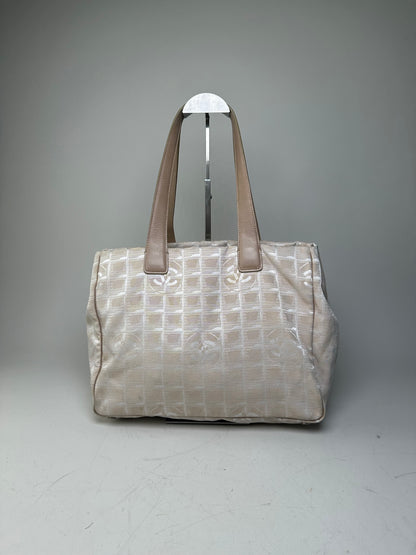 Vintage Chanel CC Logo Fabric Tote Cream Beige Silver