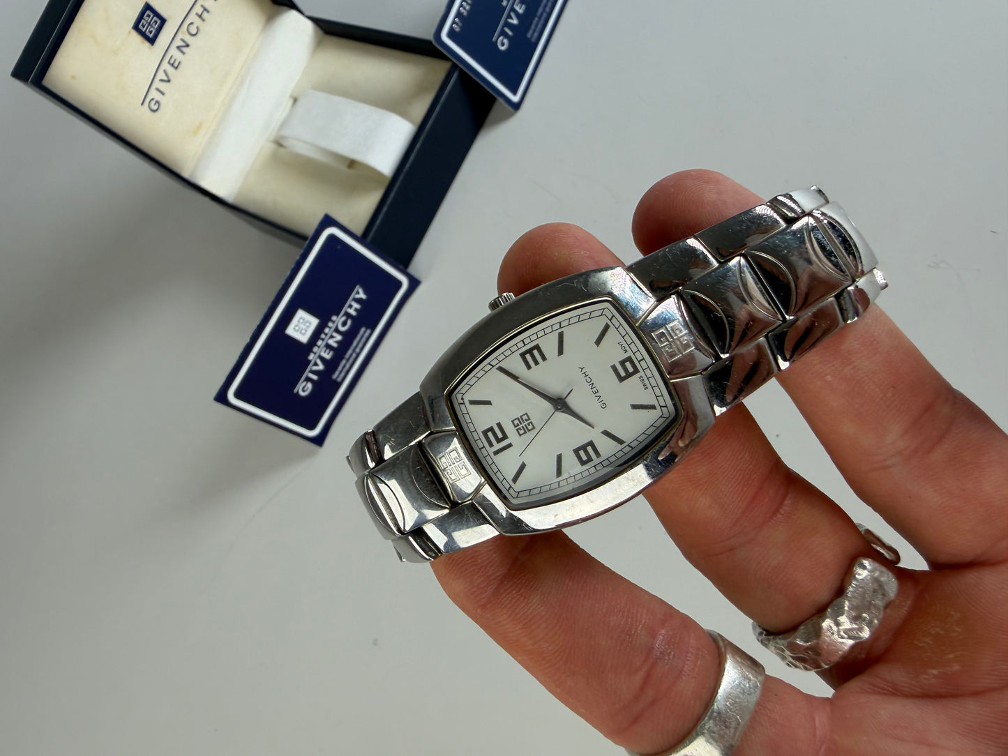 Vintage Givenchy Stainless Steel Bracelet Watch Silver White