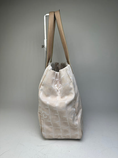 Vintage Chanel CC Logo Fabric Tote Cream Beige Silver