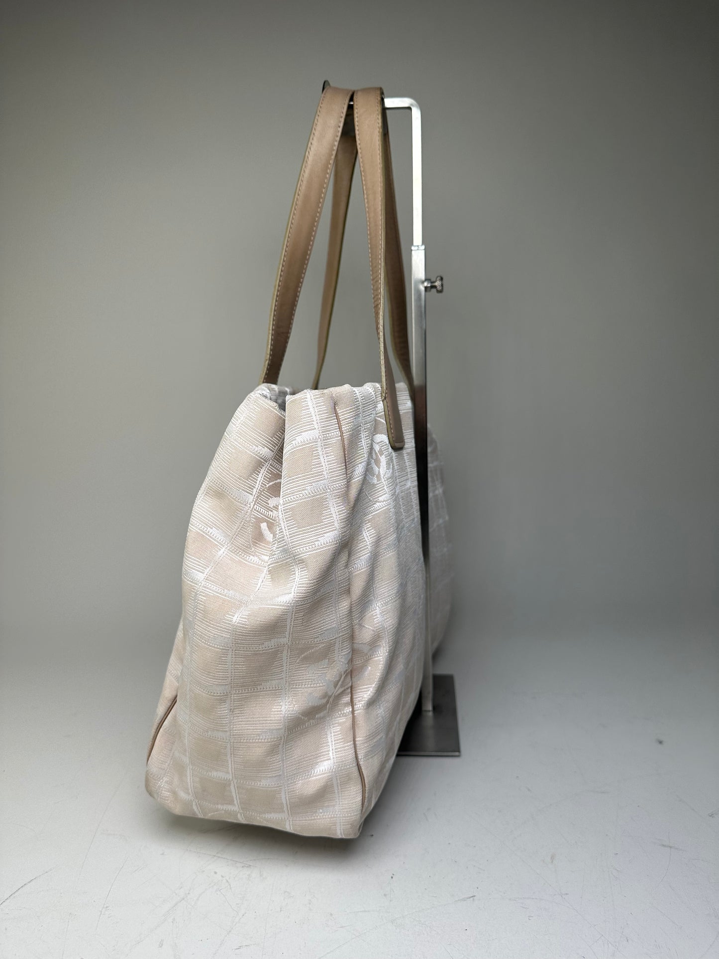 Vintage Chanel CC Logo Fabric Tote Cream Beige Silver