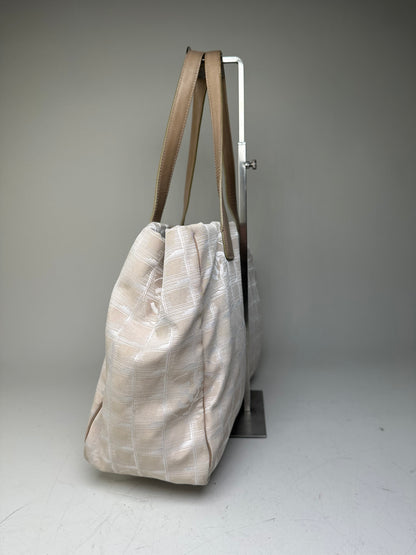 Vintage Chanel CC Logo Fabric Tote Cream Beige Silver