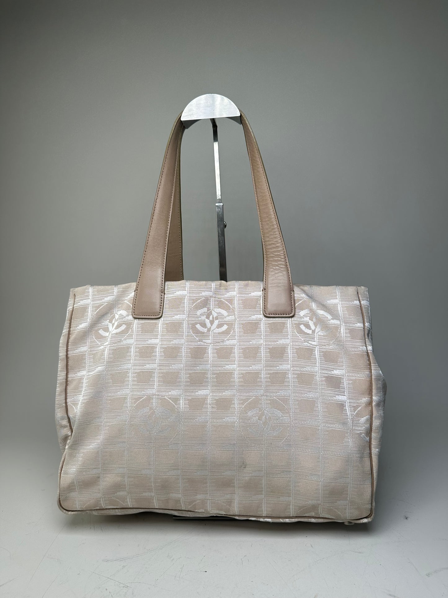 Vintage Chanel CC Logo Fabric Tote Cream Beige Silver