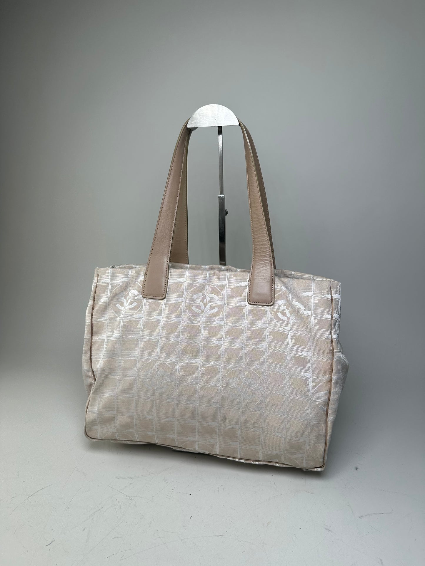 Vintage Chanel CC Logo Fabric Tote Cream Beige Silver