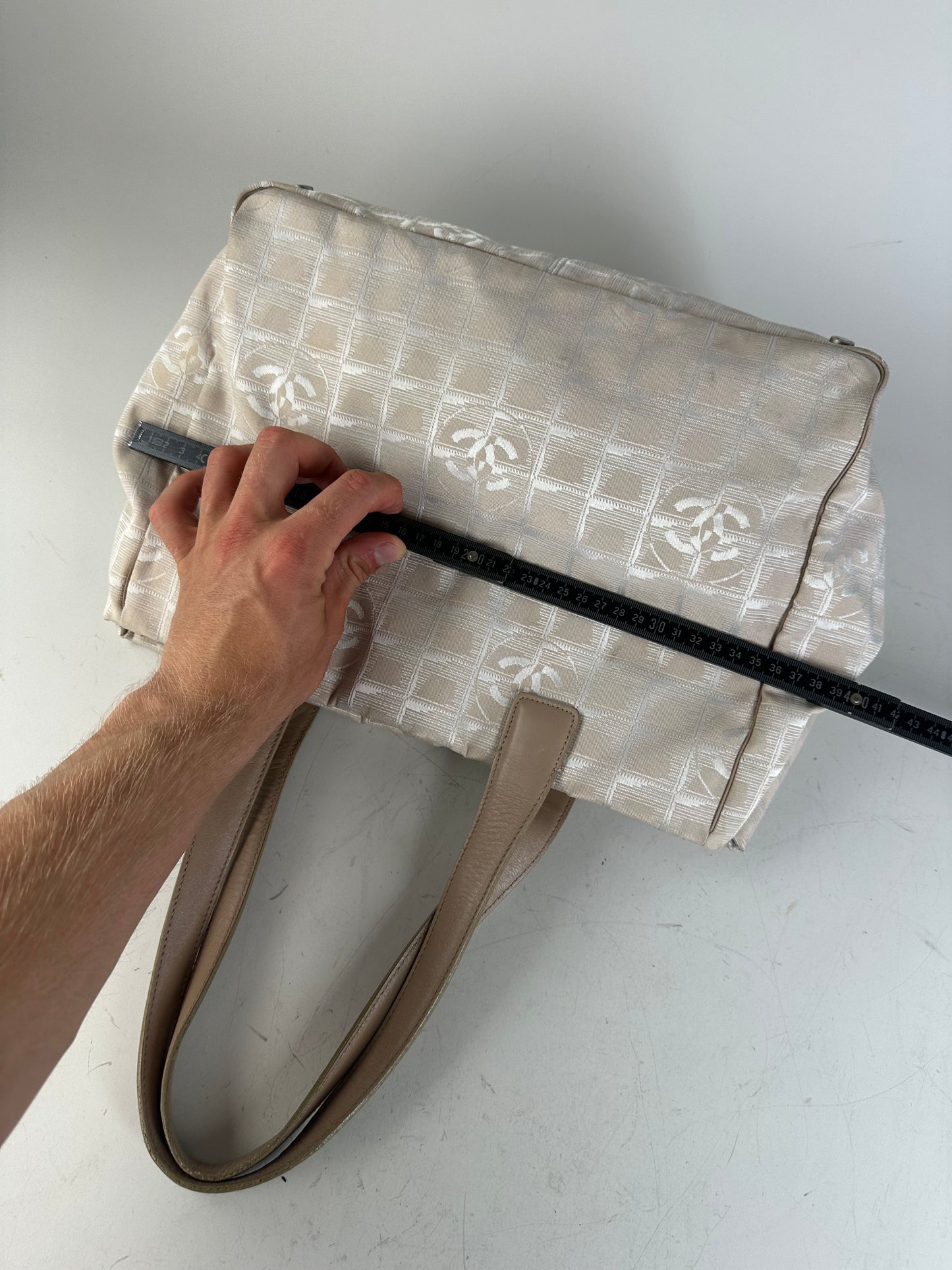 Vintage Chanel CC Logo Fabric Tote Cream Beige Silver