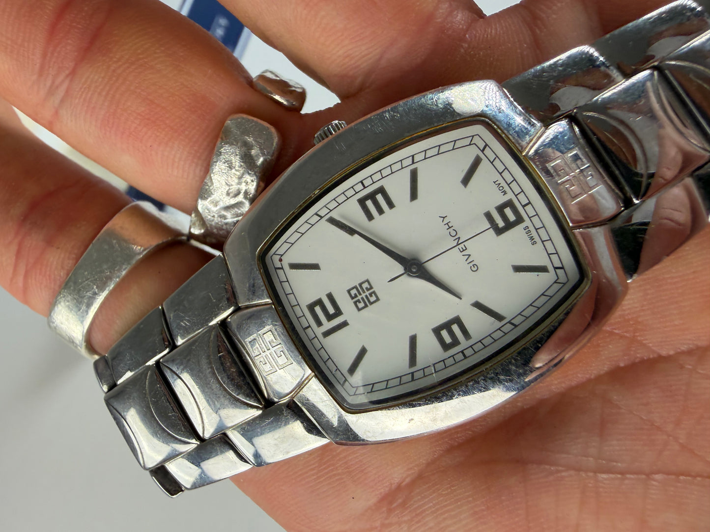 Vintage Givenchy Stainless Steel Bracelet Watch Silver White