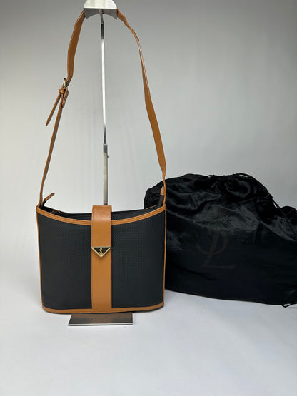 Vintage Yves Saint Laurent Woven Flap Crossbody Bag Late 1990s Black Tan