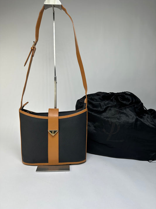 Vintage Yves Saint Laurent Woven Flap Crossbody Bag Late 1990s Black Tan