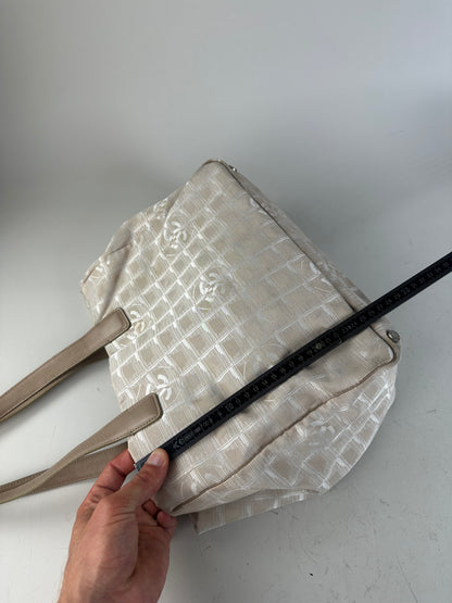 Vintage Chanel CC Logo Fabric Tote Cream Beige Silver