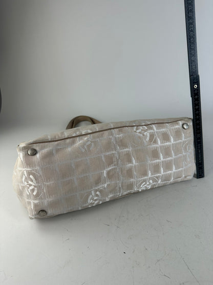 Vintage Chanel CC Logo Fabric Tote Cream Beige Silver