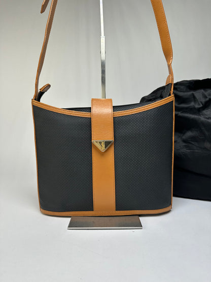 Vintage Yves Saint Laurent Woven Flap Crossbody Bag Late 1990s Black Tan