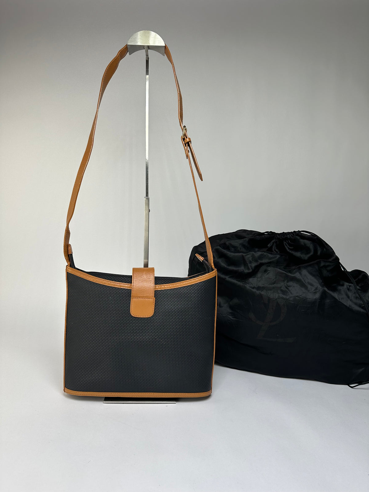 Vintage Yves Saint Laurent Woven Flap Crossbody Bag Late 1990s Black Tan