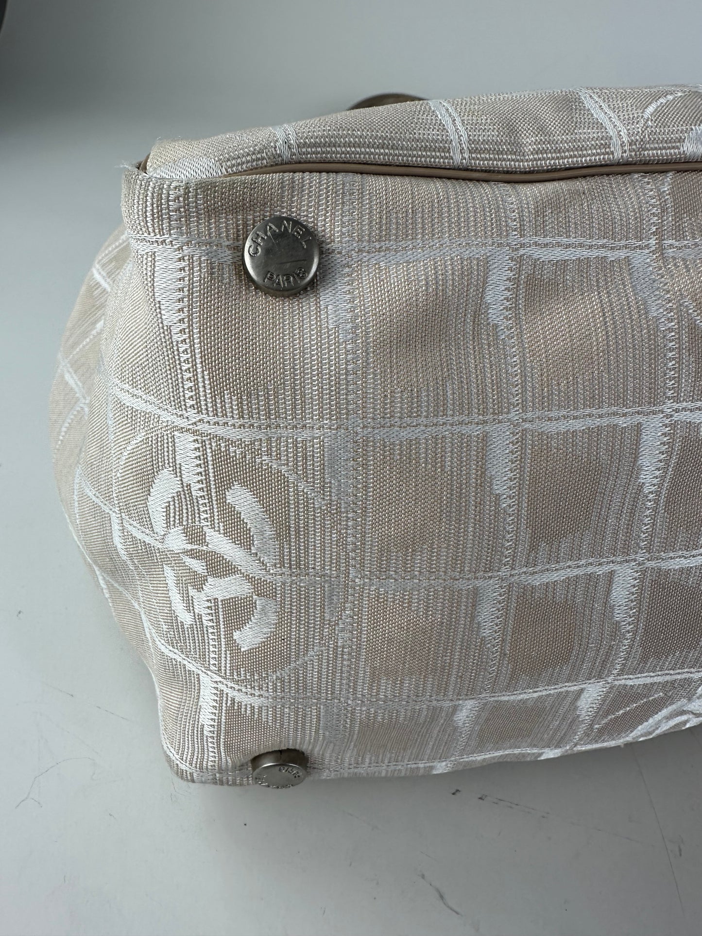 Vintage Chanel CC Logo Fabric Tote Cream Beige Silver