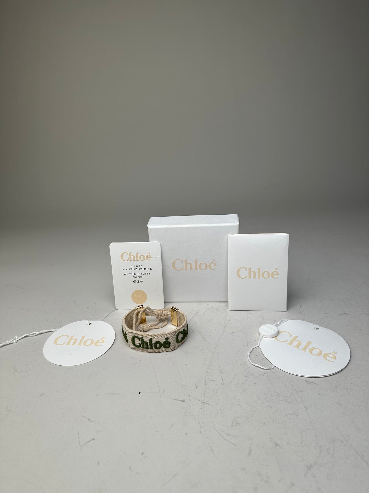 Vintage Chloé Logo Cotton Bracelet Cream Green Gold