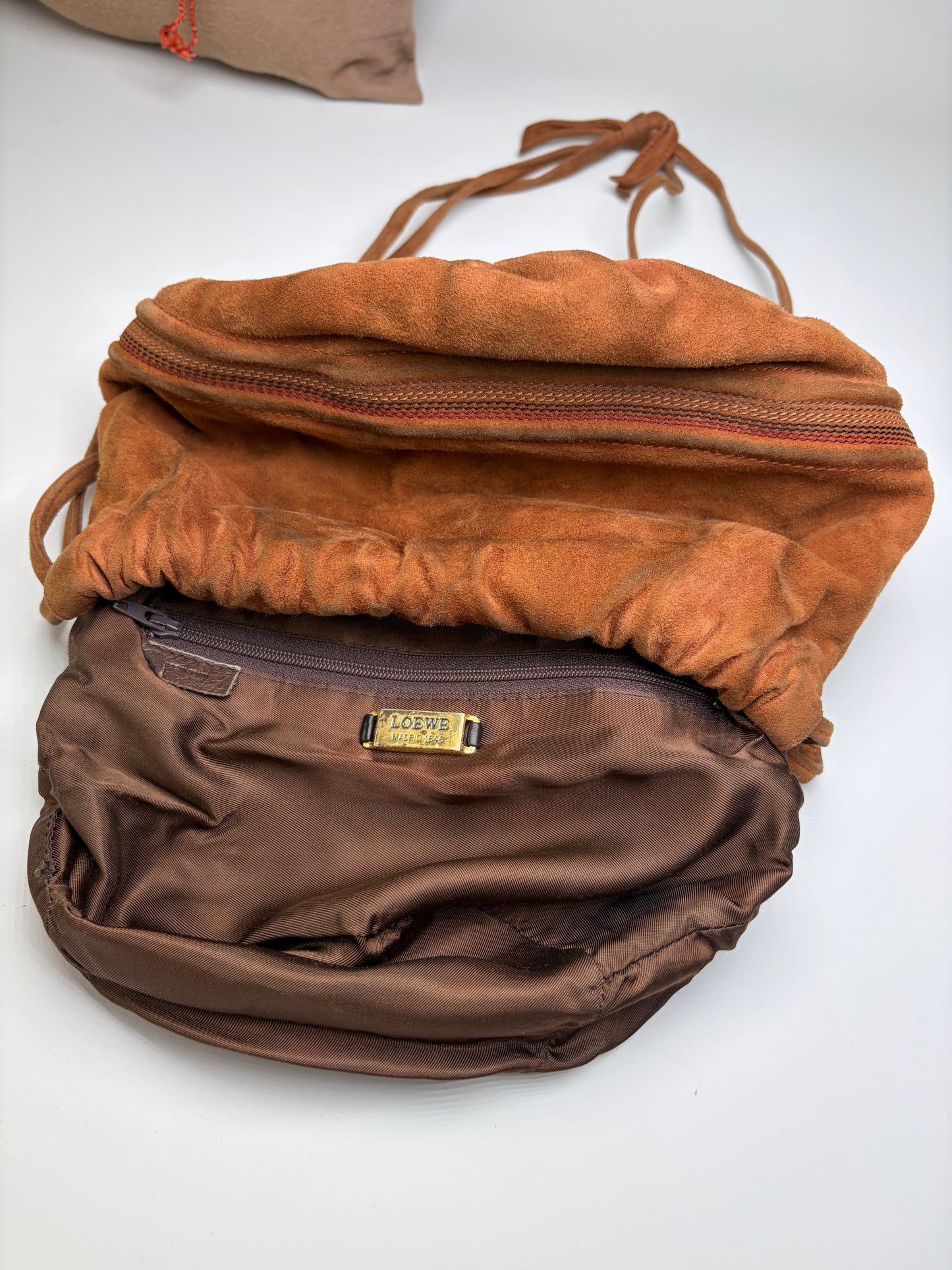 Vintage Loewe Suede Drawstring Bag Rust Gold