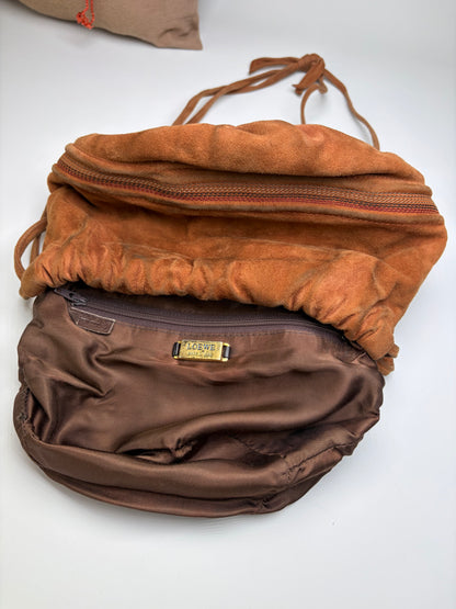 Vintage Loewe Suede Drawstring Bag Rust Gold