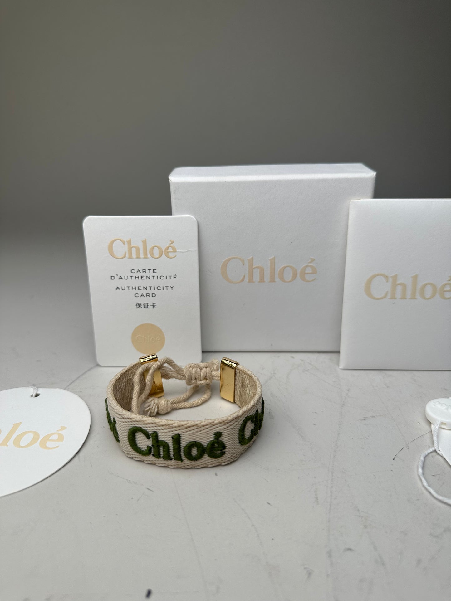 Vintage Chloé Logo Cotton Bracelet Cream Green Gold