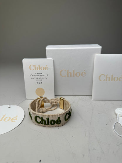 Vintage Chloé Logo Cotton Bracelet Cream Green Gold