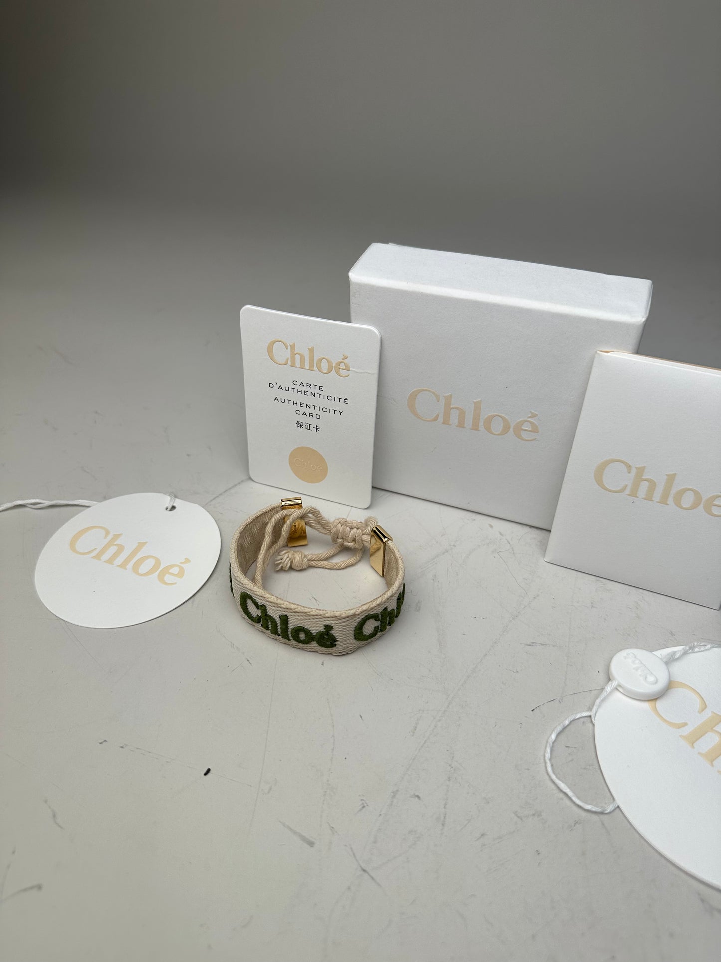 Vintage Chloé Logo Cotton Bracelet Cream Green Gold