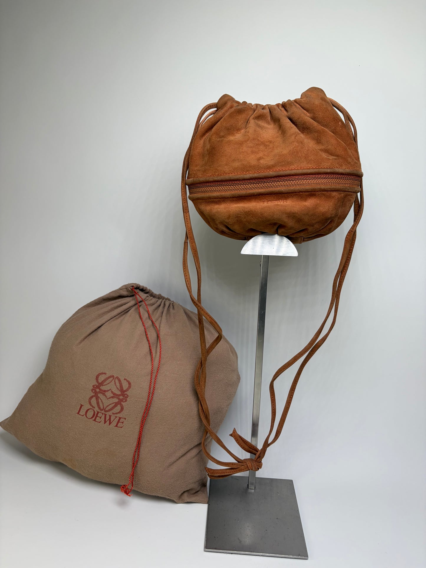 Vintage Loewe Suede Drawstring Bag Rust Gold