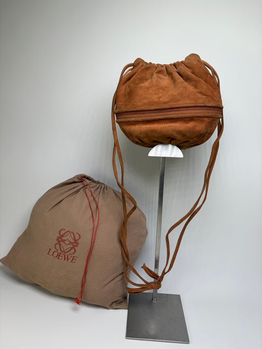 Vintage Loewe Suede Drawstring Bag Rust Gold