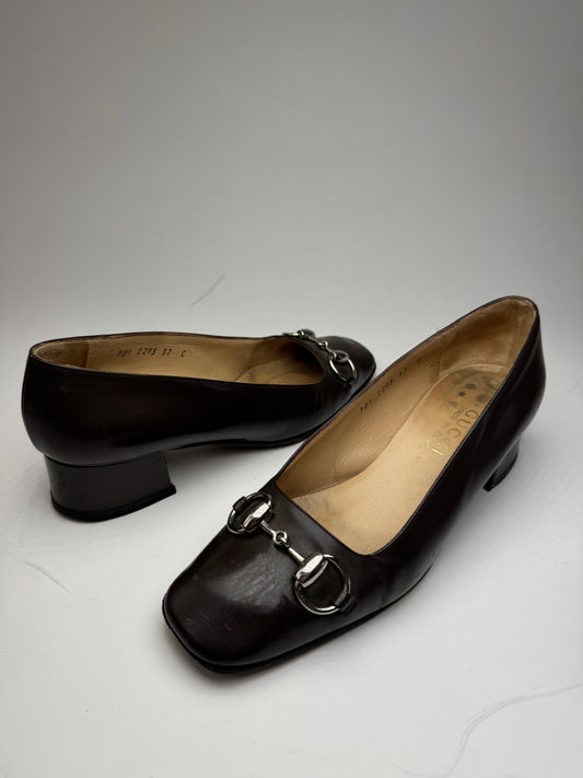 Vintage Gucci Horsebit Patent Leather Pumps Brown 37C