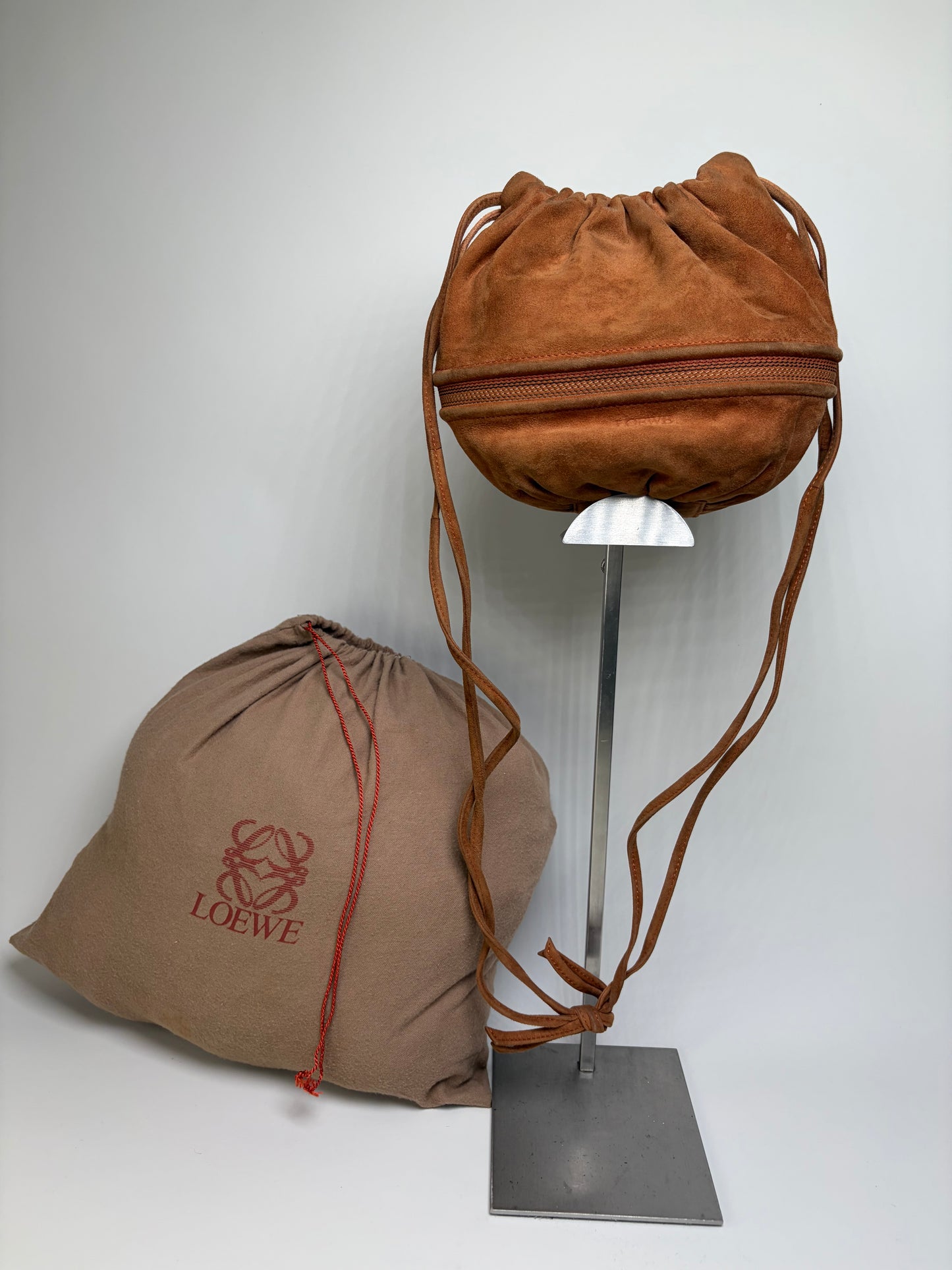 Vintage Loewe Suede Drawstring Bag Rust Gold