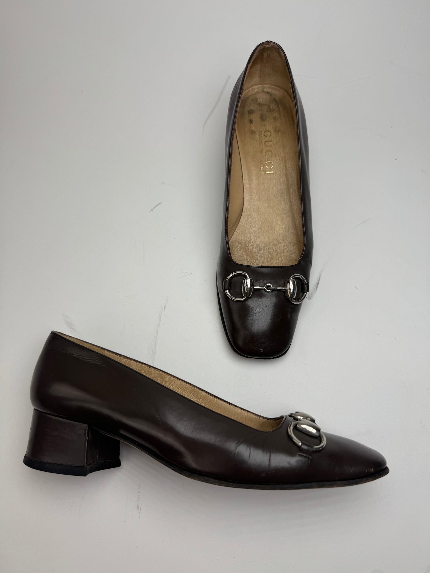 Vintage Gucci Horsebit Patent Leather Pumps Brown 37C