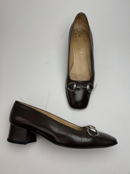 Vintage Gucci Horsebit Patent Leather Pumps Brown 37C