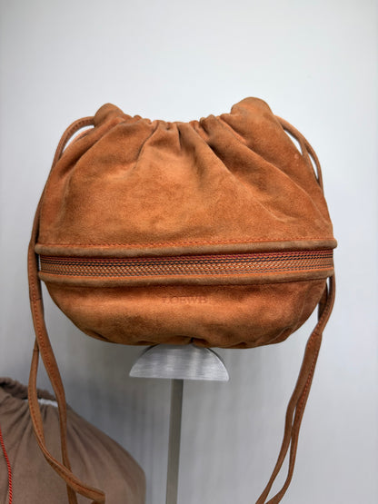 Vintage Loewe Suede Drawstring Bag Rust Gold