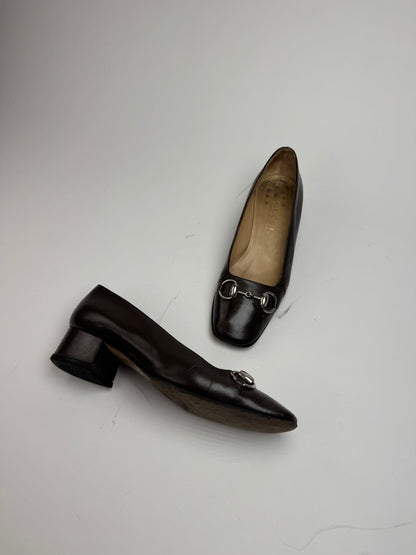 Vintage Gucci Horsebit Patent Leather Pumps Brown 37C