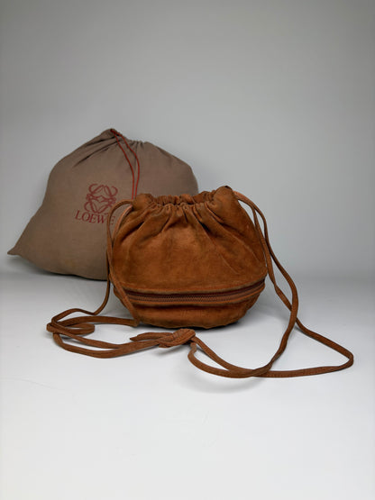 Vintage Loewe Suede Drawstring Bag Rust Gold