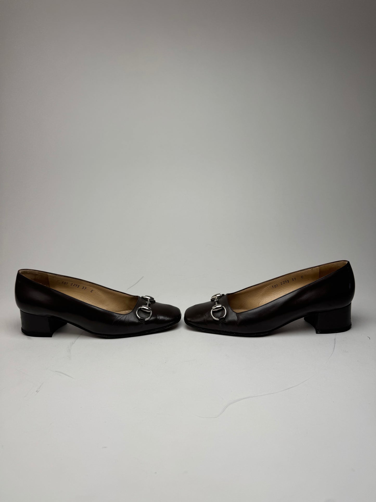 Vintage Gucci Horsebit Patent Leather Pumps Brown 37C