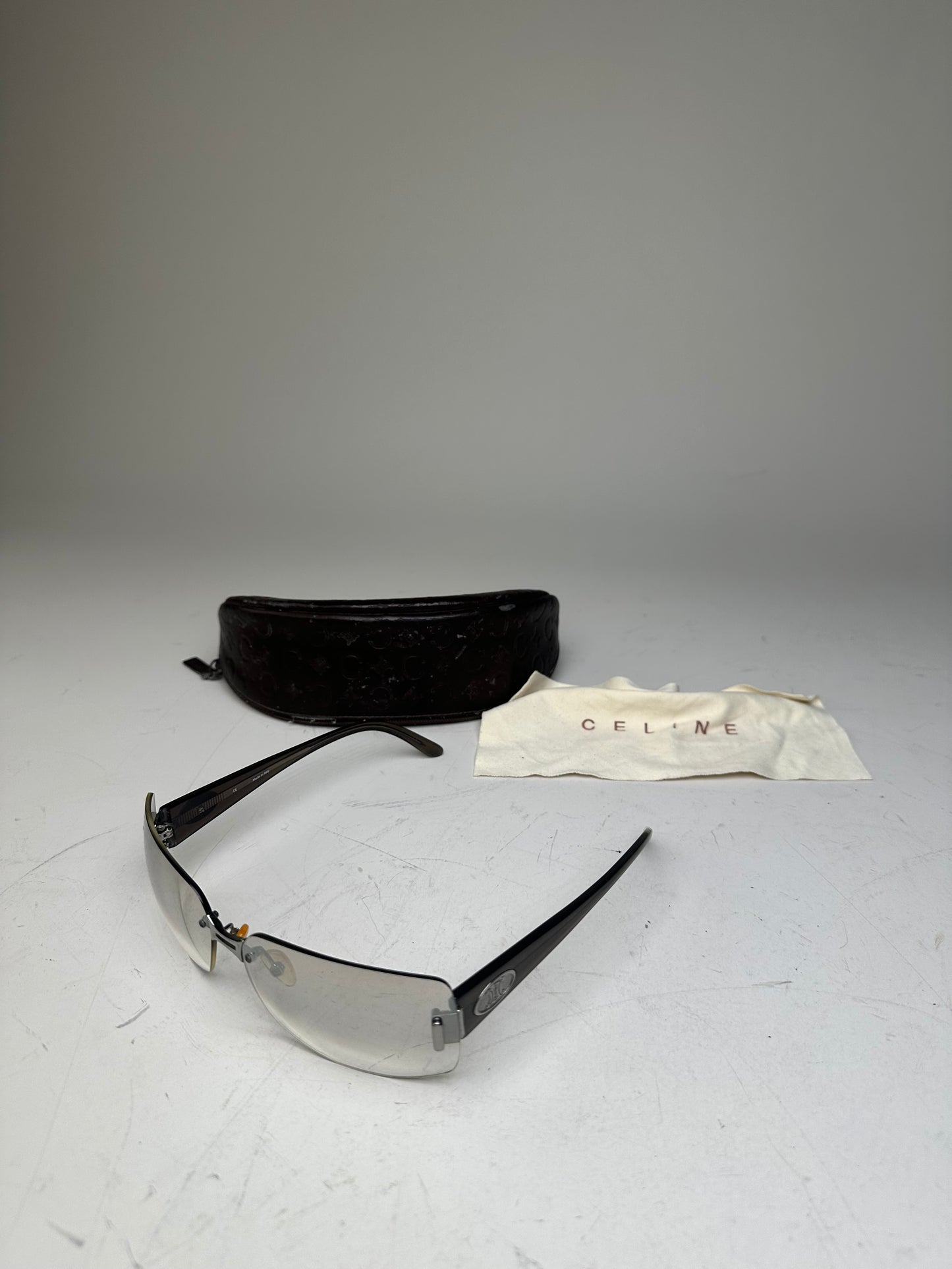 Vintage Celine Logo Sunglasses Grey Black Silver-Tone Accents
