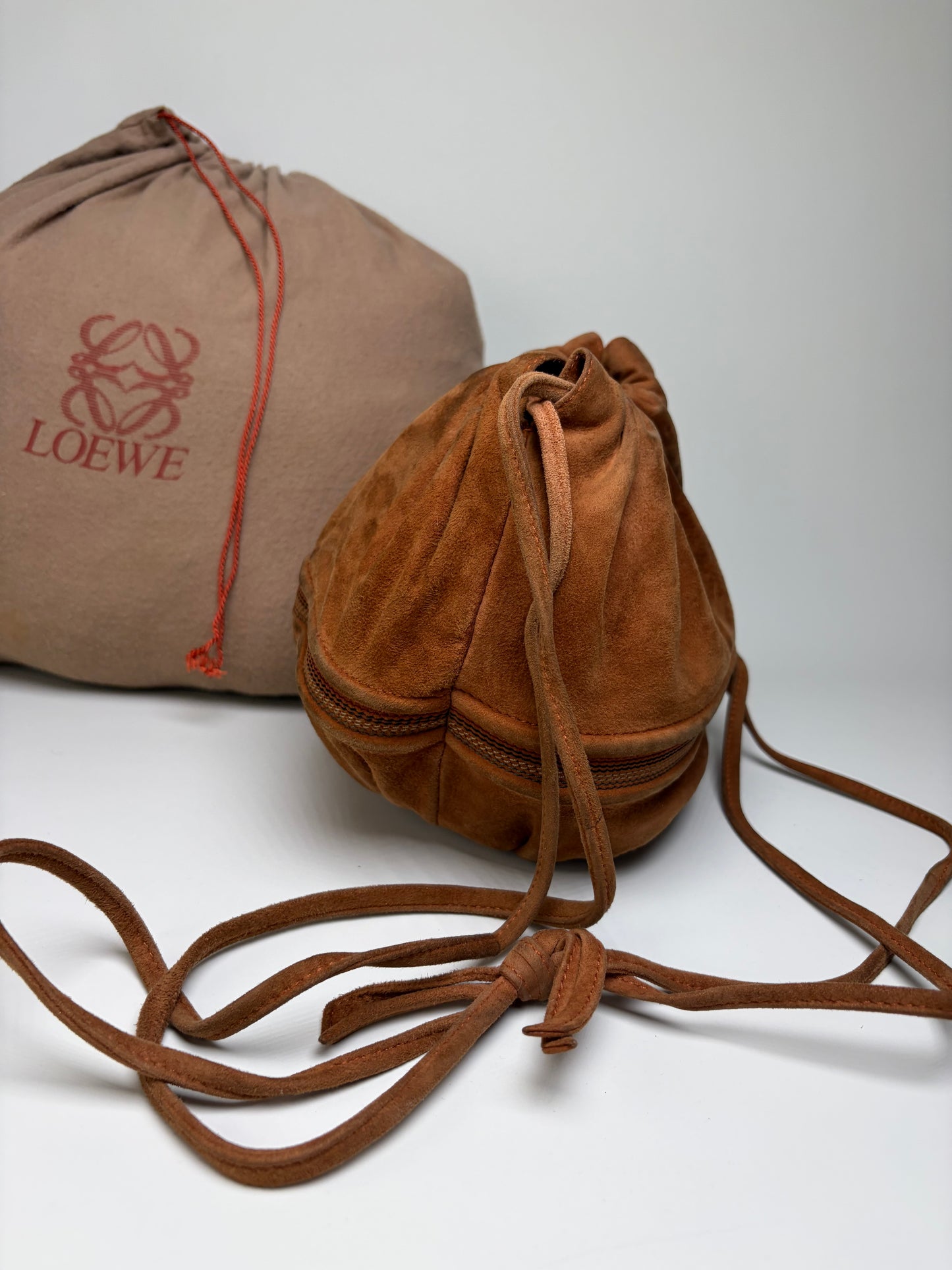 Vintage Loewe Suede Drawstring Bag Rust Gold