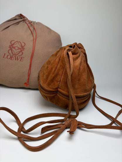 Vintage Loewe Suede Drawstring Bag Rust Gold