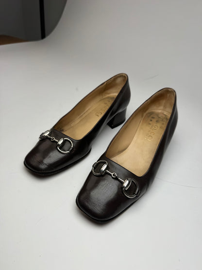 Vintage Gucci Horsebit Patent Leather Pumps Brown 37C