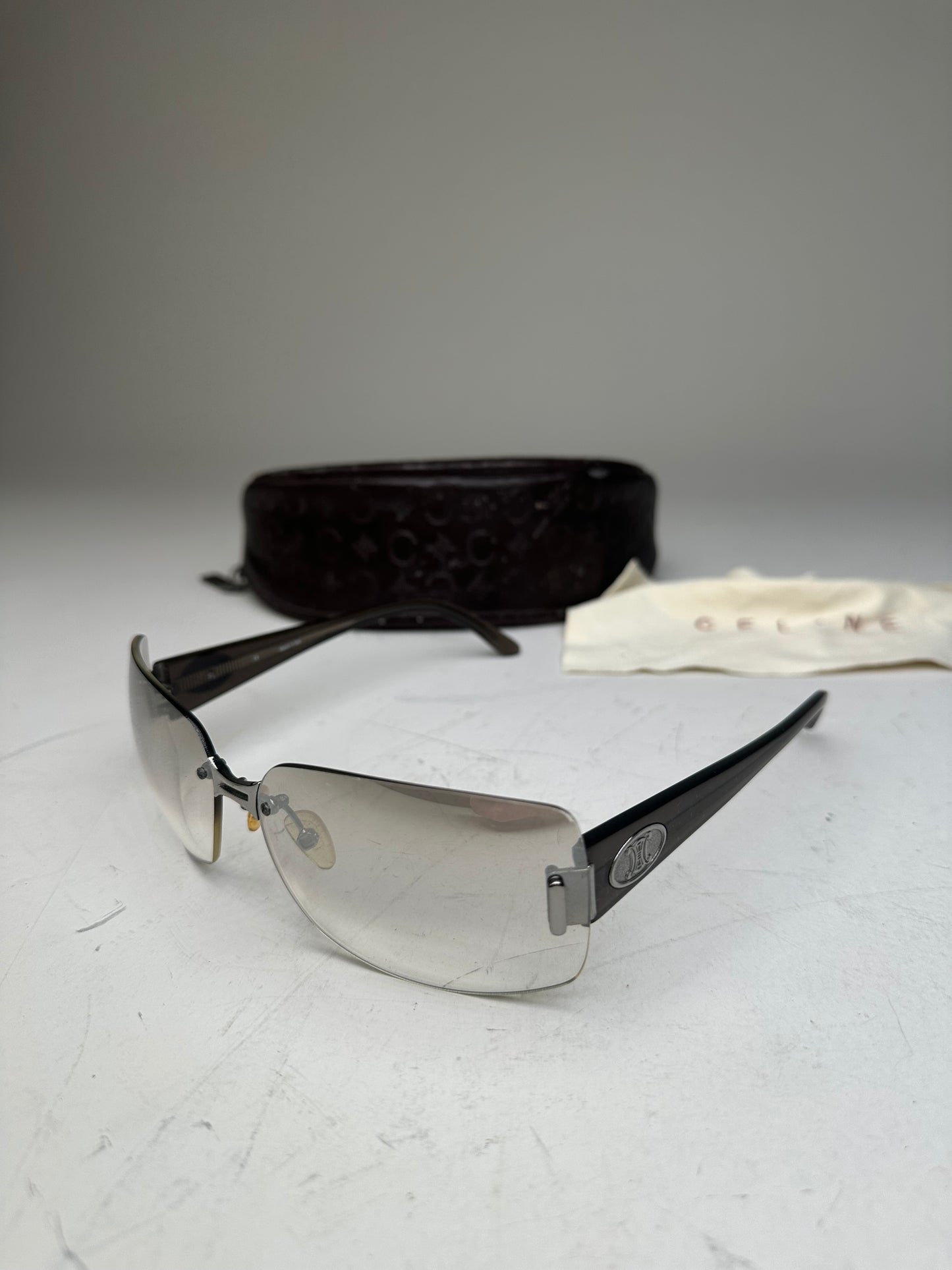 Vintage Celine Logo Sunglasses Grey Black Silver-Tone Accents