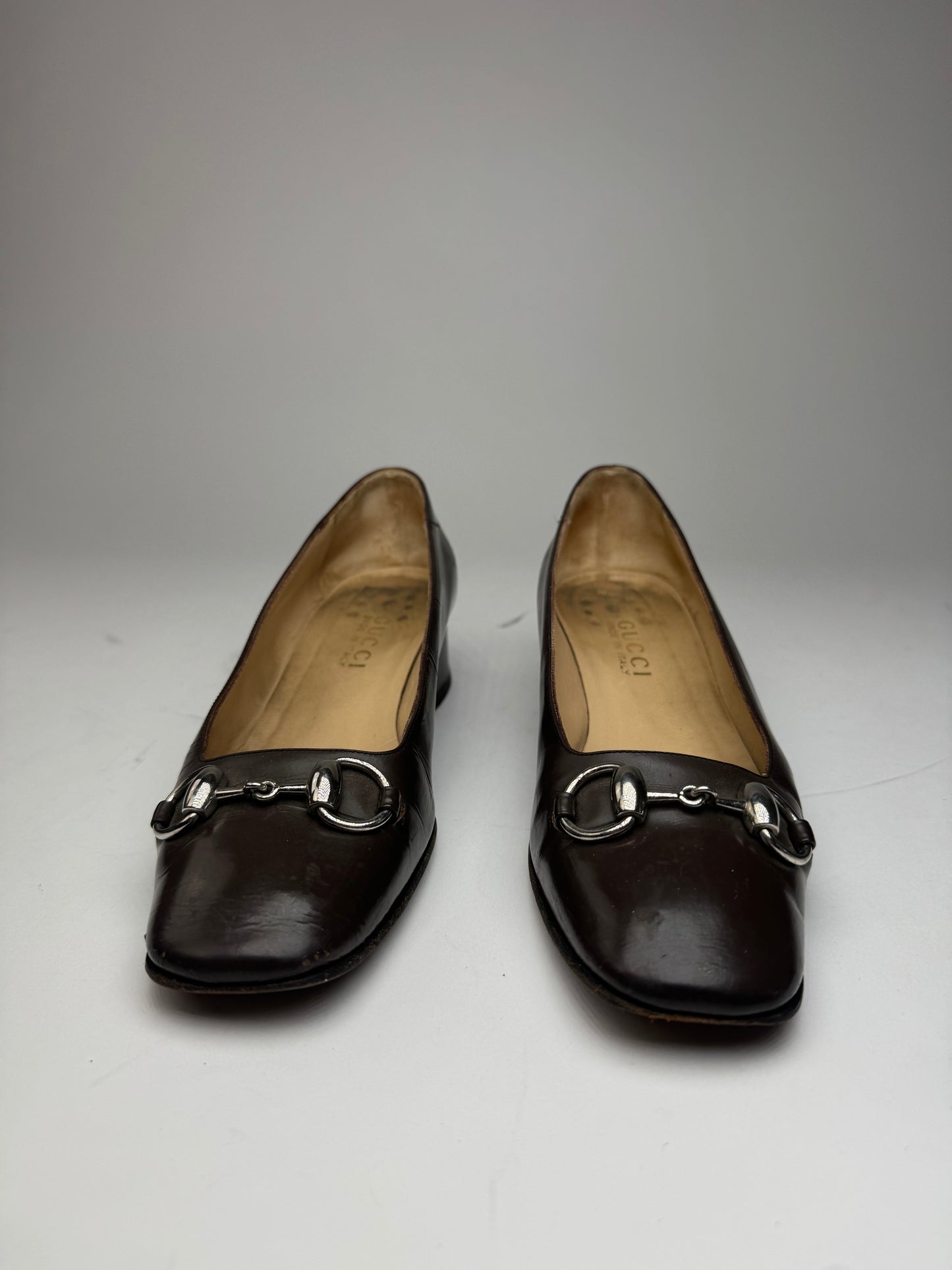 Vintage Gucci Horsebit Patent Leather Pumps Brown 37C