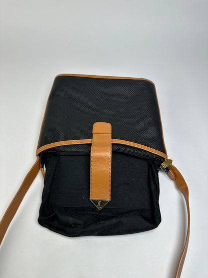 Vintage Yves Saint Laurent Woven Flap Crossbody Bag Late 1990s Black Tan