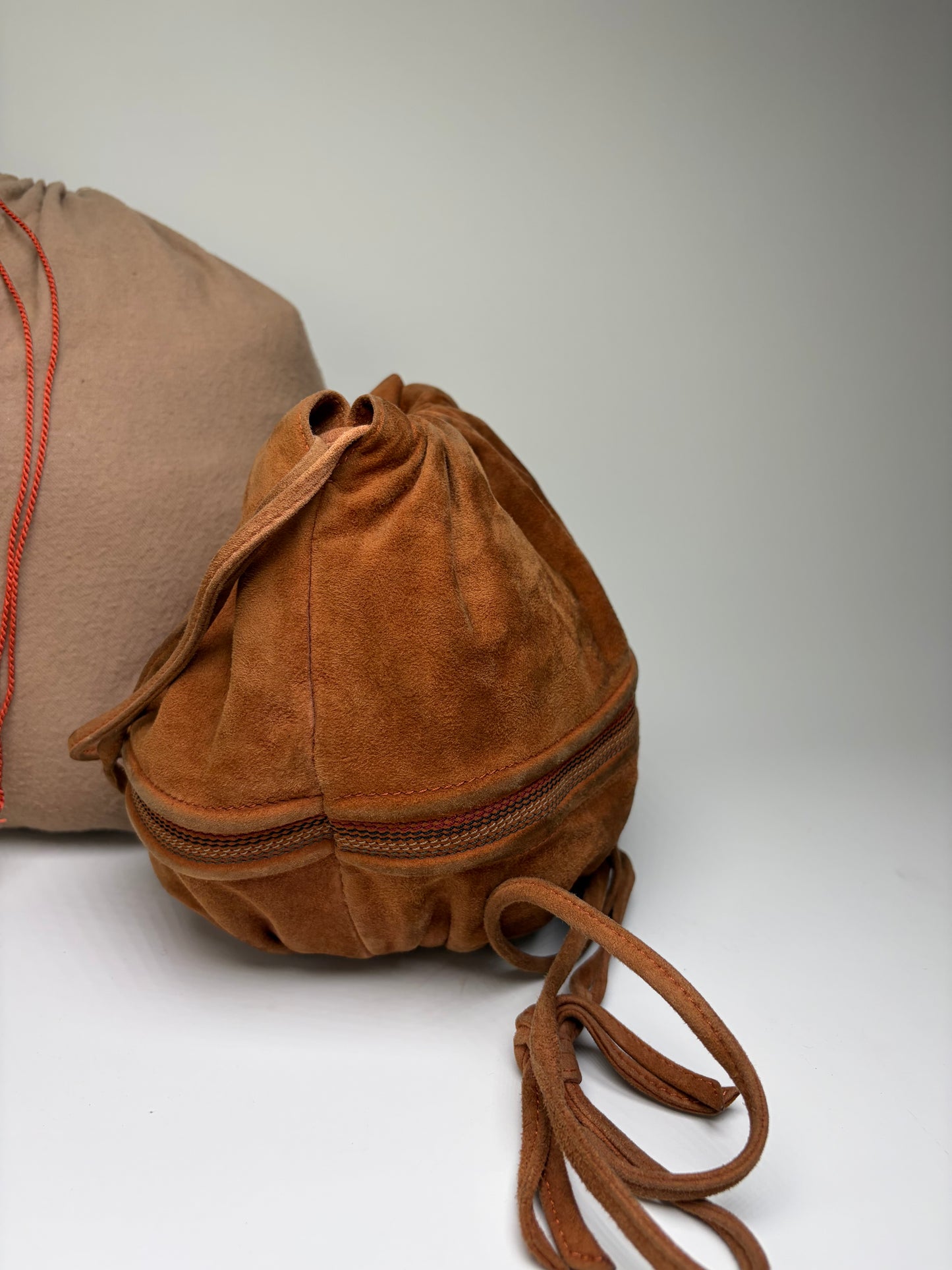 Vintage Loewe Suede Drawstring Bag Rust Gold