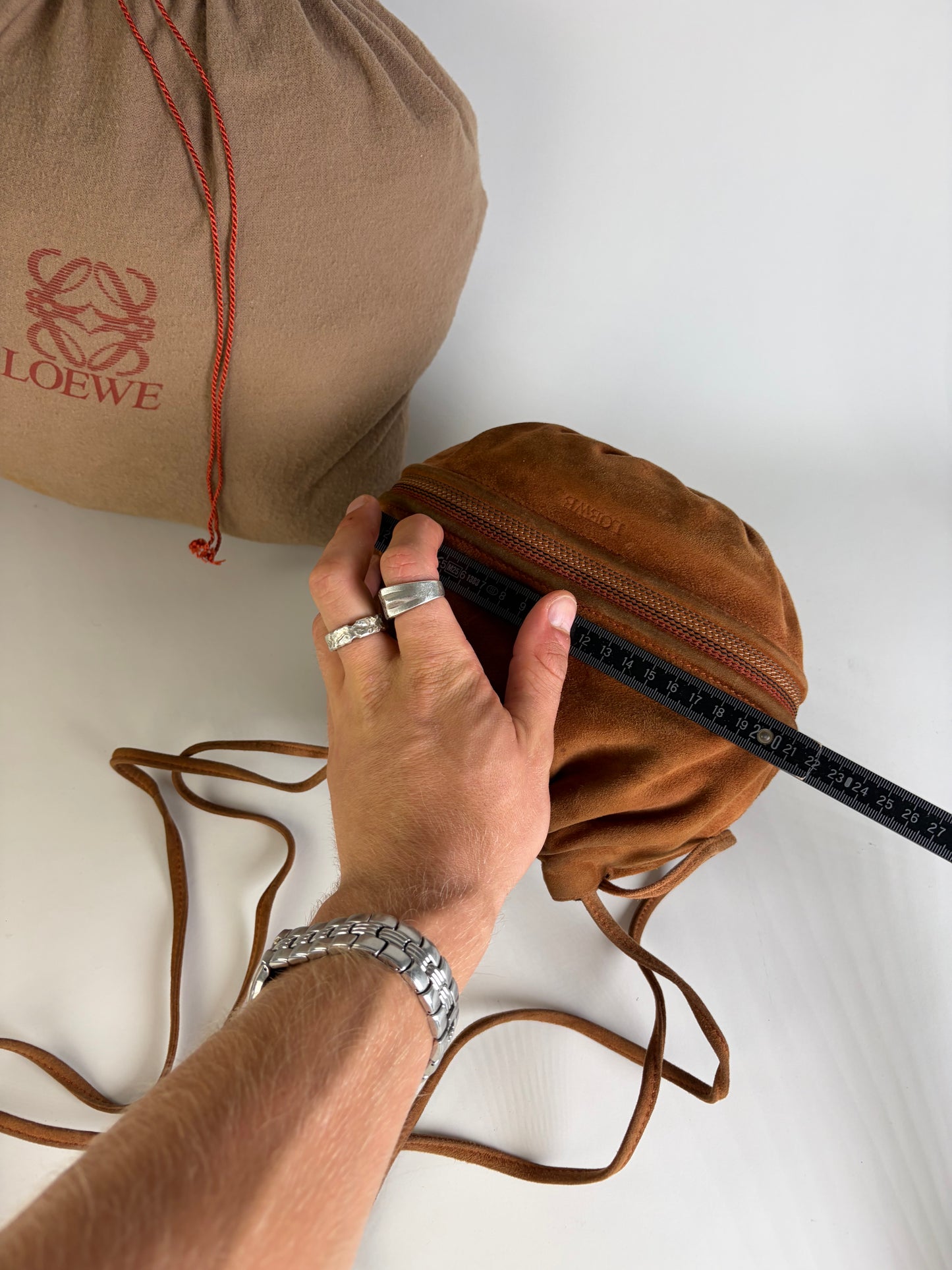Vintage Loewe Suede Drawstring Bag Rust Gold