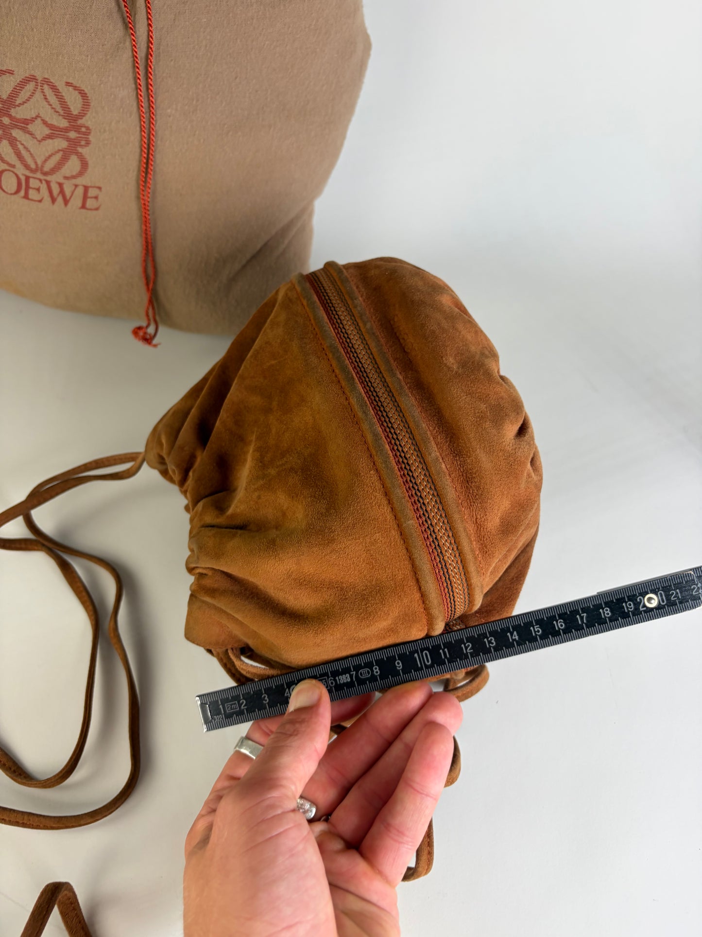 Vintage Loewe Suede Drawstring Bag Rust Gold