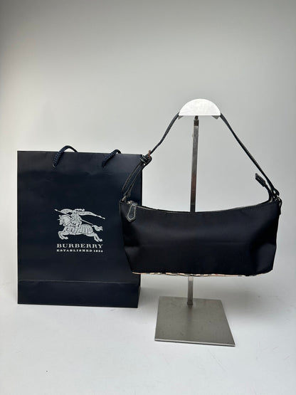 Vintage Burberry Blue Label Mini Shoulder Bag Black Nylon Nova Check